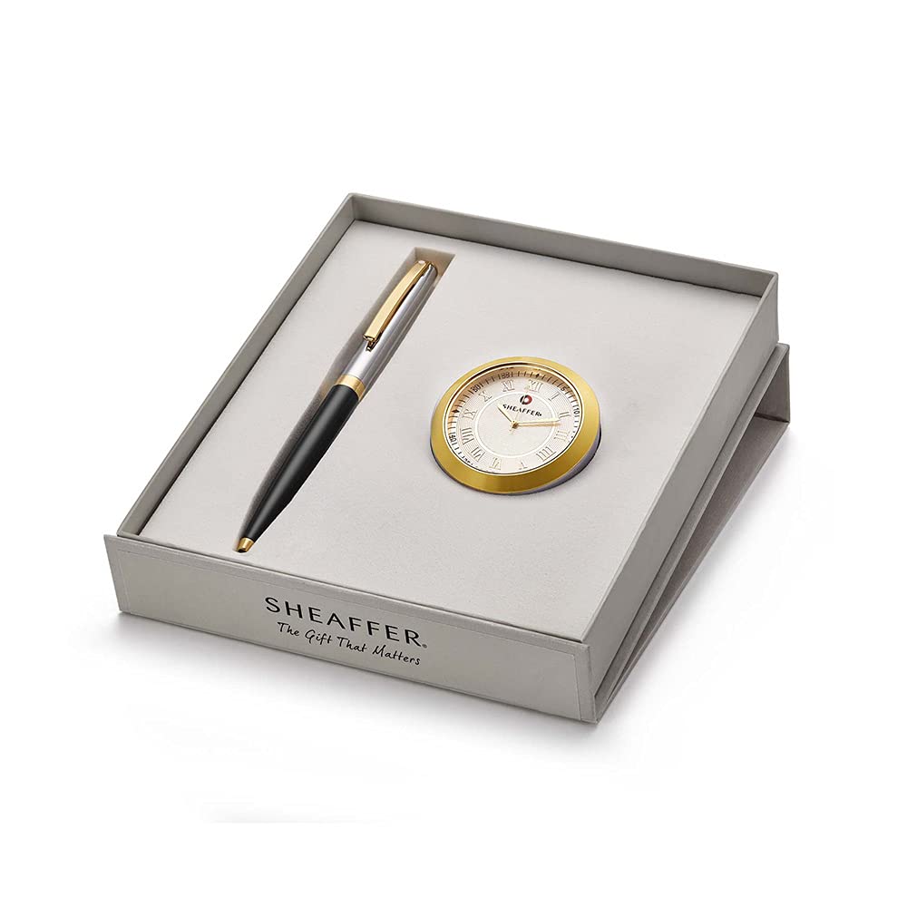 Sheaffer Gift Set - Sagaris Black & Chrome Ball Pen with Gold Table Clock